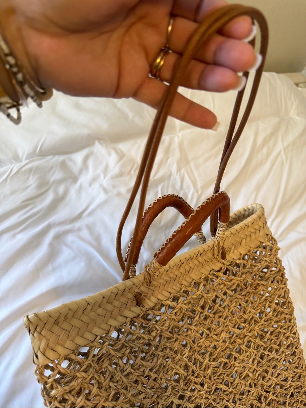 Woven Straw Tote with Brown Leather-Wrapped Handles - Picture 4 of 12